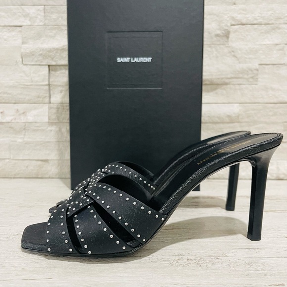 Saint Laurent Tribute Crackle Effect w/Studs Black Leather Stiletto Sandals Sz41 - Picture 7 of 16